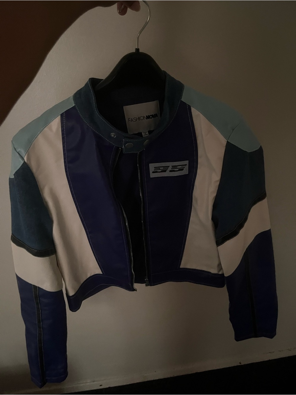 Fashion Nova Blue & White Colorblock Cropped Moto Jacket